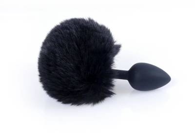 Silikonowy Korek Analny z Futerkowym Pomponem - Bunny Tail Black